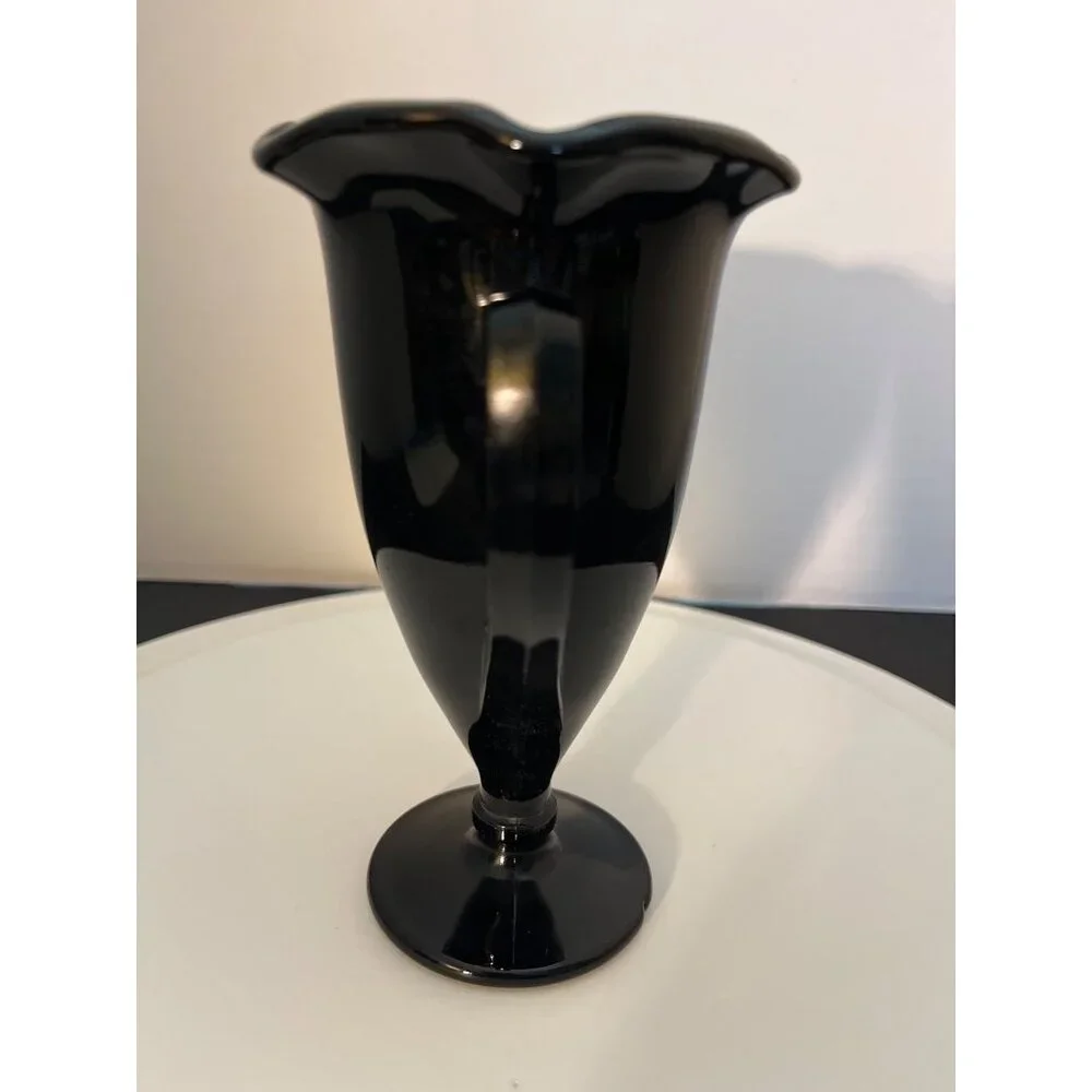 Vintage Black Glass Trophy Vase 2 Handles Round Base Ruffled Top 5 3/4” High